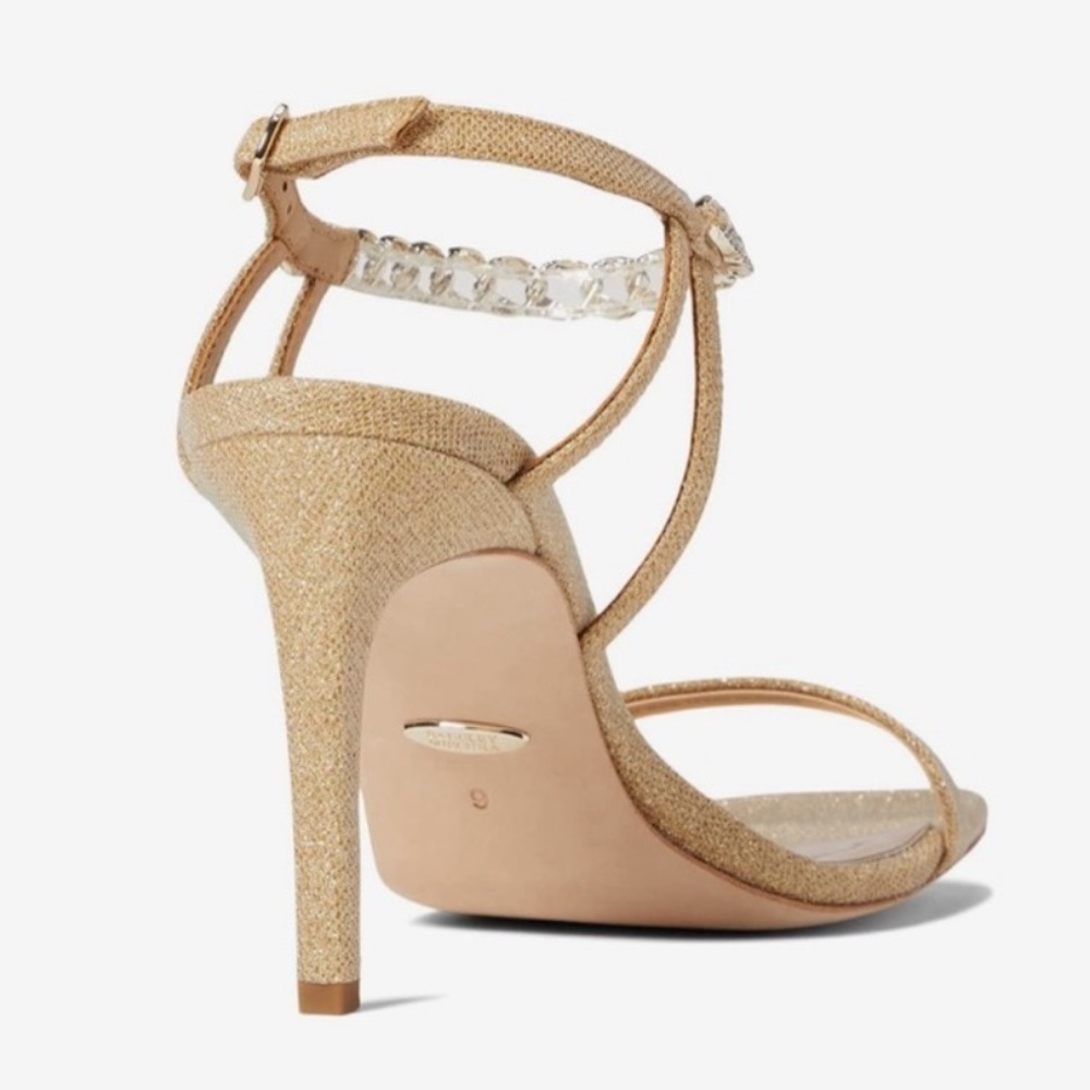 Badgley Mischka Kai Gold metallic 7.5 chain rhinestone Strappy 3.5” buckle Heels - Picture 2 of 14